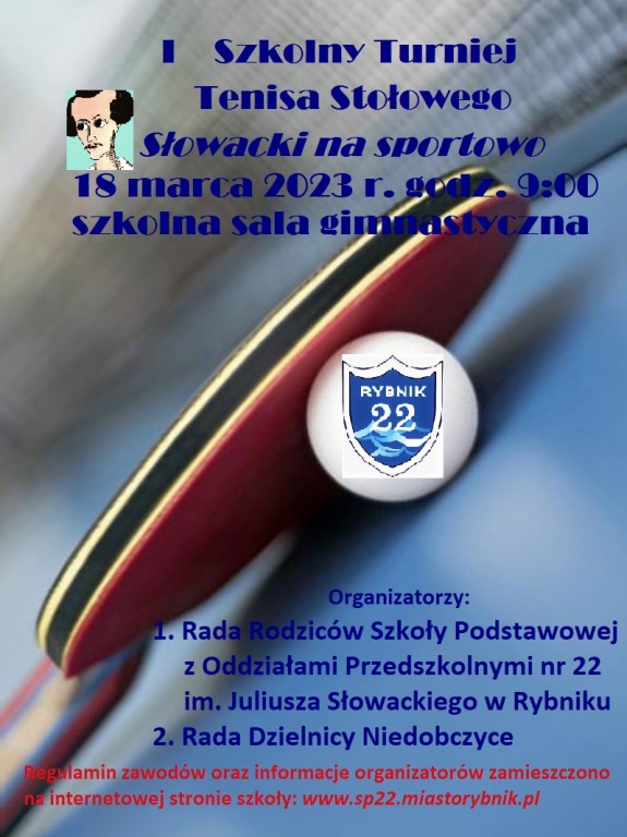 Plakat Turnieju: Słowacki na Sportowo przedstawia rakietkę do tenisa i piłeczkę 