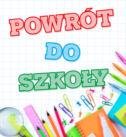 Hasło Powrót do szkoły przybory szkolne na tle strony z zeszytu w kratkę.